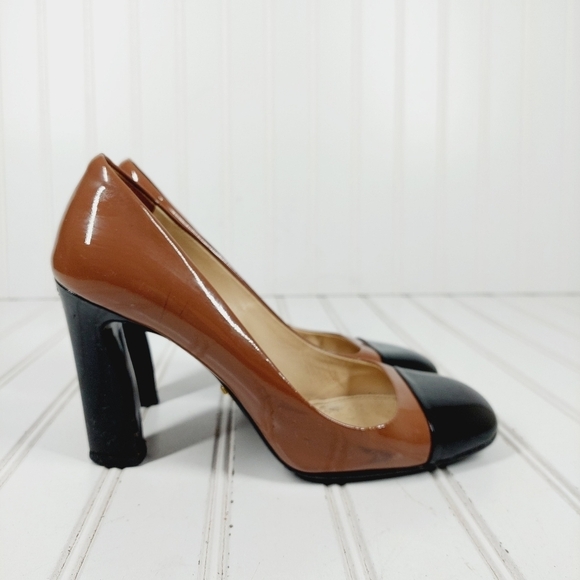 Prada Black Brown Patent Leather Square Toe Slip On Block Heel Pumps B237 - Picture 5 of 15